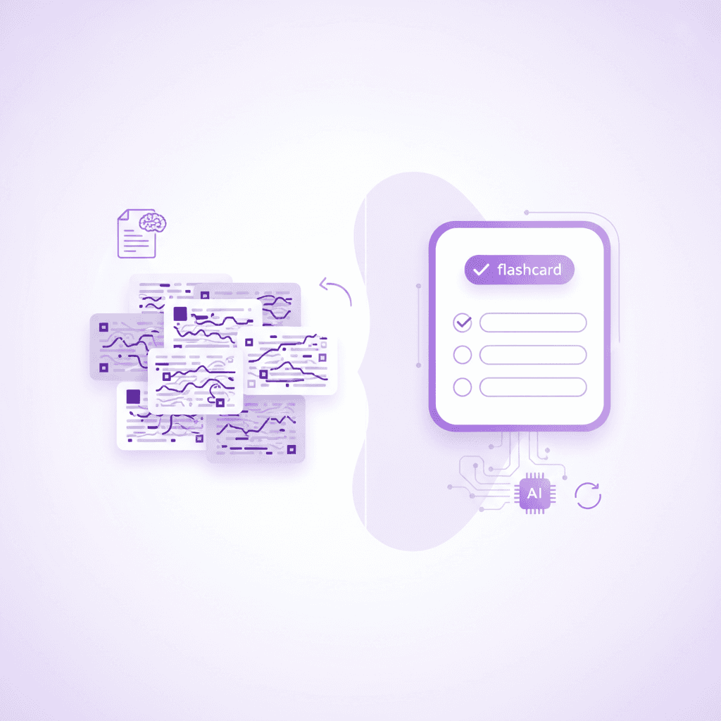 A split-screen graphic showing a messy, text-heavy lecture slide on the left, and a cleanly formatted digital flashcard and multiple-choice quiz on the right.