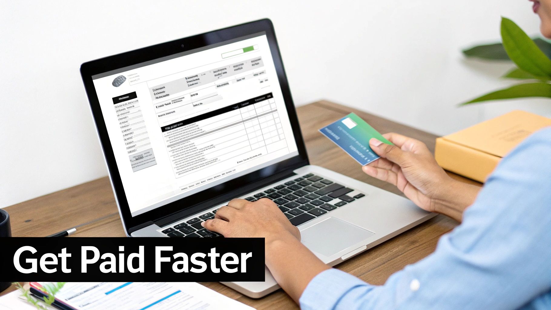 Person typing on a laptop and holding a credit card, processing an online payment or invoice.