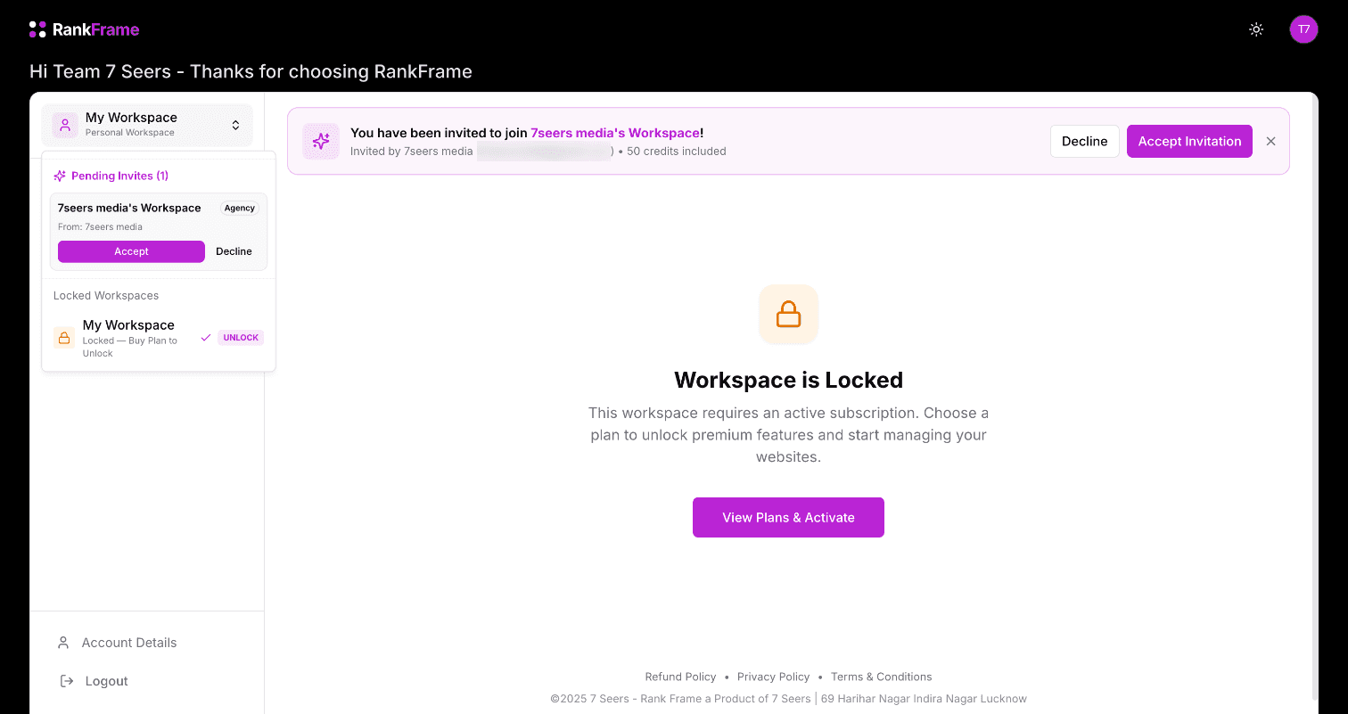 RankFrame dashboard with an invitation banner and the workspace switcher showing a pending invite