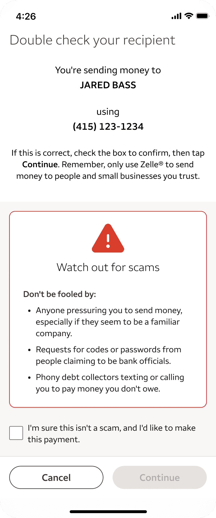 Scam protection tips modal for new recipients
