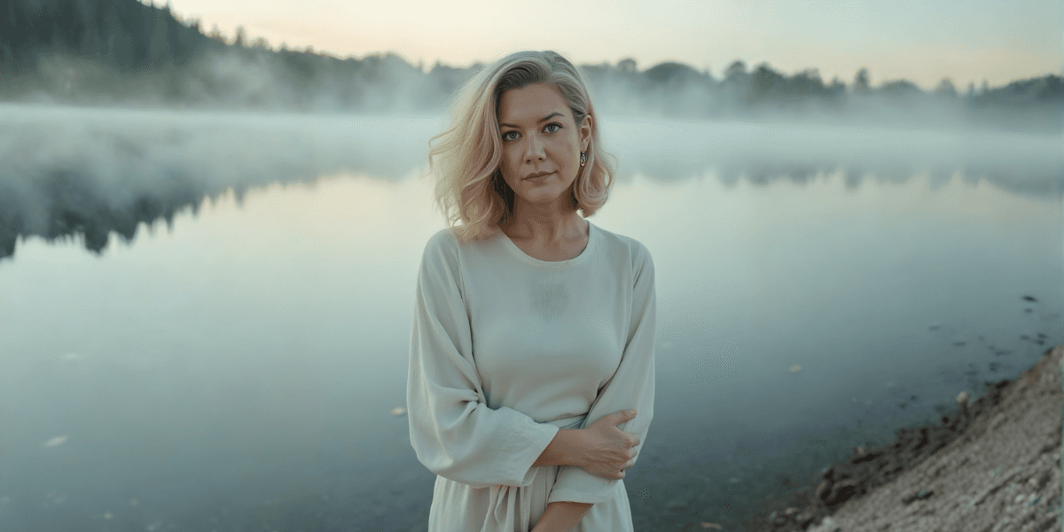 Keri Tietjen Smith standing by a misty lake, embodying transformation and the psychology of reinvention.