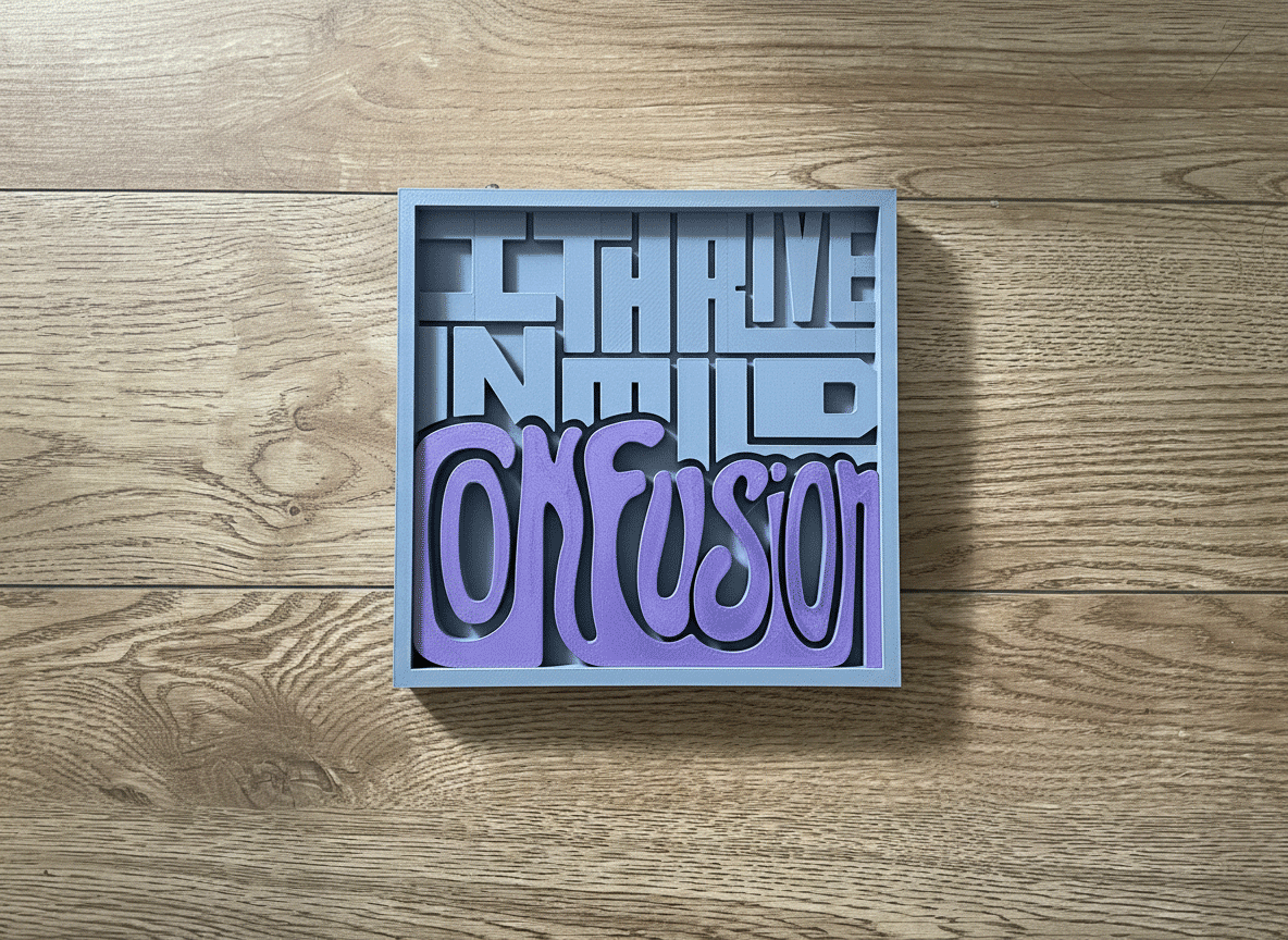 A box with artistic lettering displaying the word "Optics" in purple hues on a wooden surface.