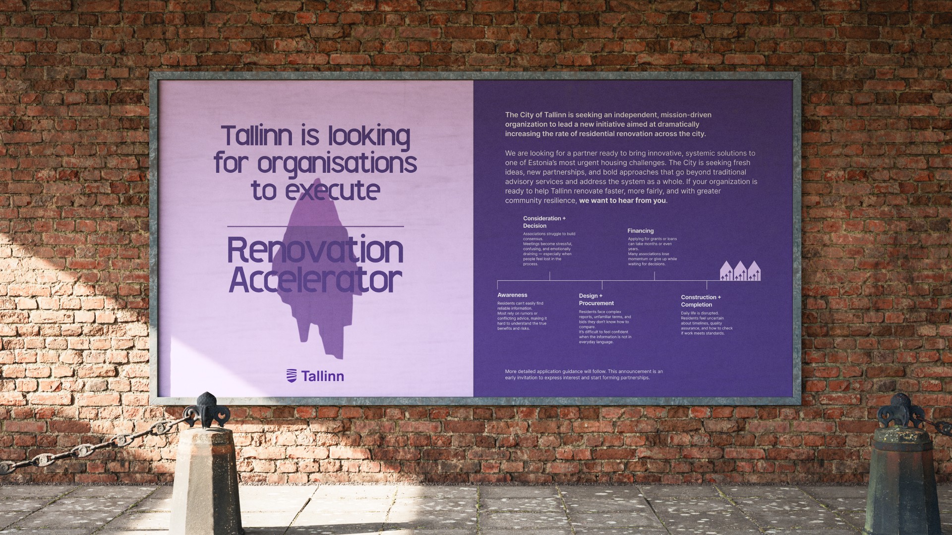 A speculative call-to-action from the City of Tallinn, inviting organisations to execute Renovation Accelerator. It is designed to make the concept feel real, actionable, and grounded in civic context.