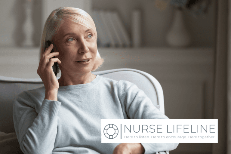 A healthcare professional with short white hair talking on a phone, with the Nurse Lifeline charity logo overlaid