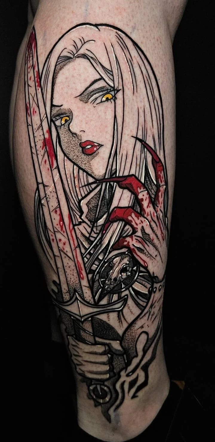 Female warrior with a katana tattoo by Alberto