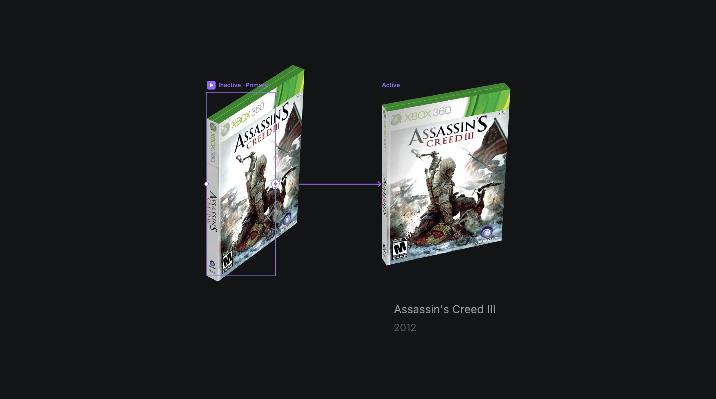 Highlighting the interactive transition of game box designs, focusing on Assassin's Creed III, with engaging 3D animations