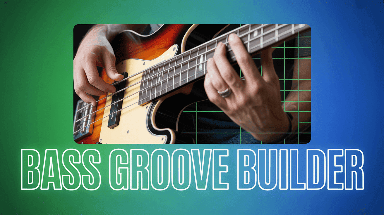 Bass Groove Builder Thumbnail, featuring a bassist locking in a groove with close-up fingerstyle and groove grid overlays
