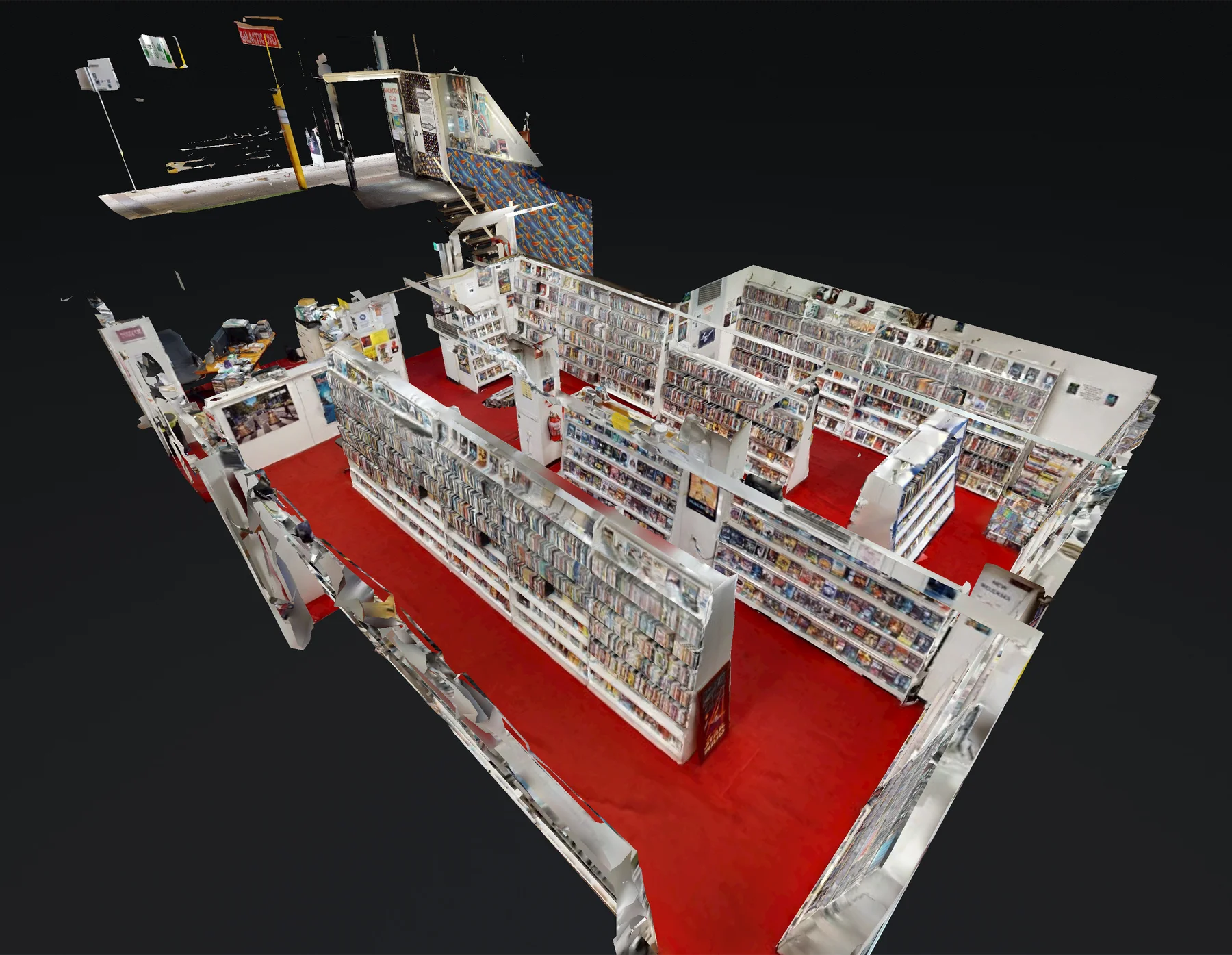 A 3D dollhouse view of Galactic Video, an independent Adelaide video store, captured by ABM visual, showing the full store layout with shelves of film cases across a red floor.