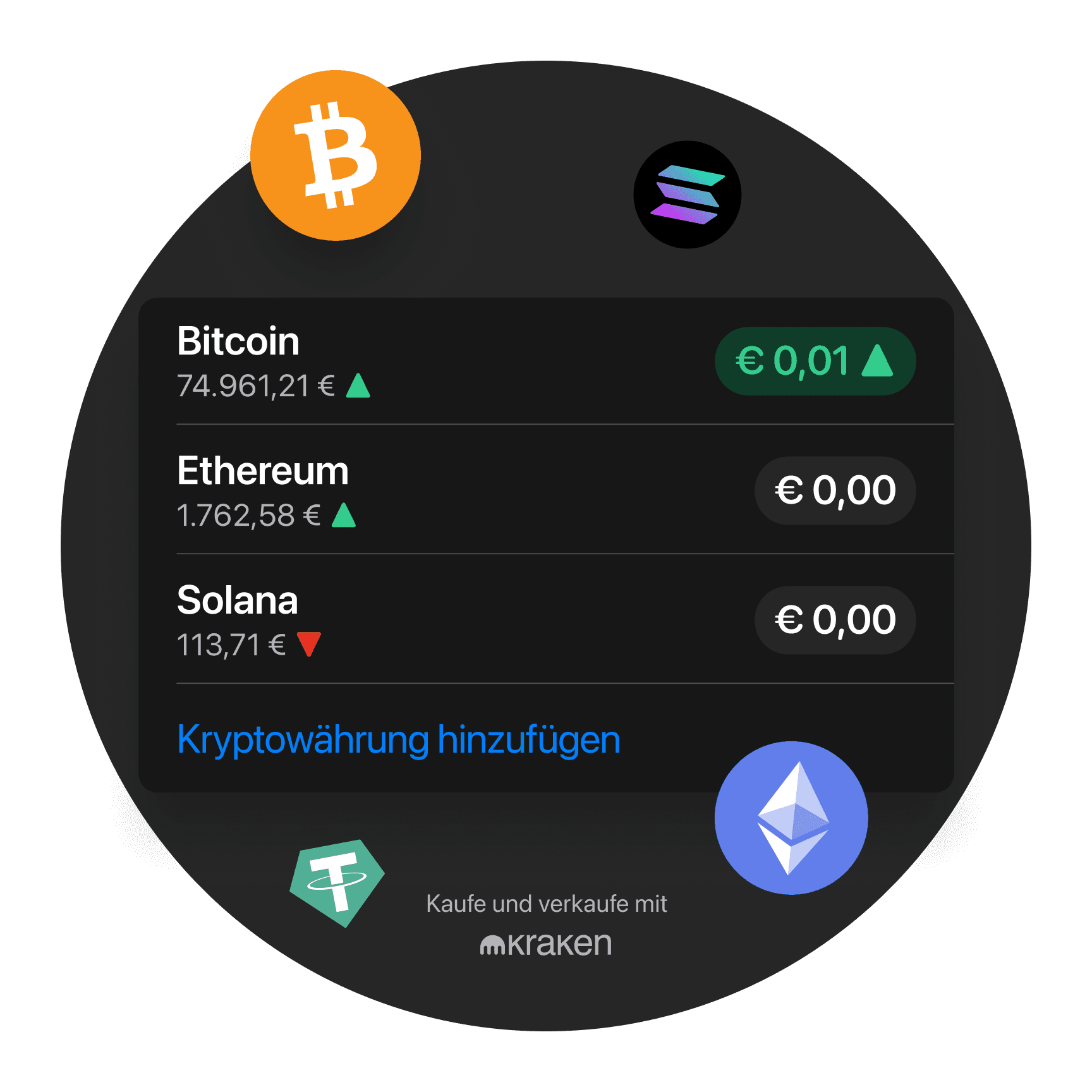 Ein digitales Display zeigt die aktuellen Preise für Bitcoin, Ethereum und Solana sowie ihre Marktentwicklungen.
