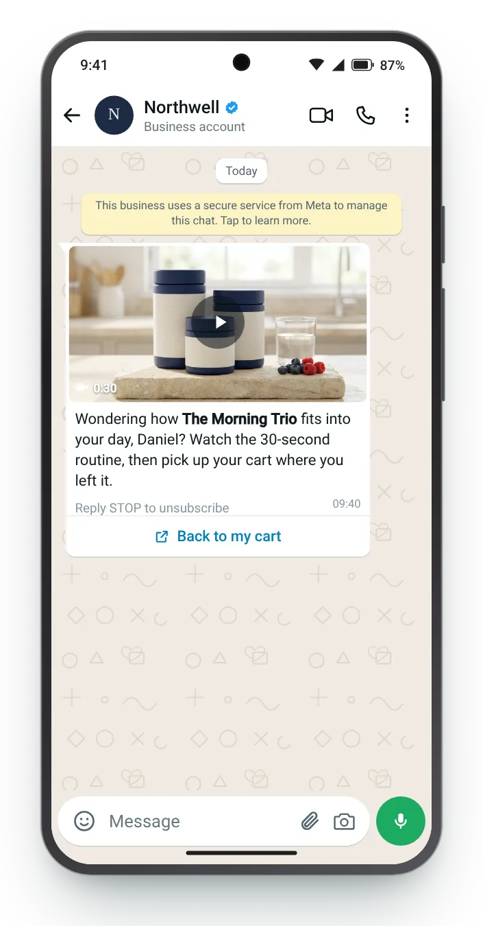 A 30-second demo in the header: WhatsApp cart reminder on an Android phone