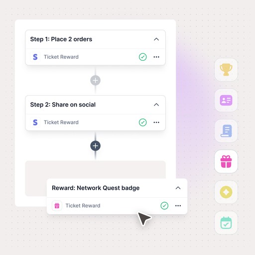 Workflow diagram showing steps to place orders, share on social, and earn a Network Quest badge, illustrating Quboid’s intelligent reward orchestration.