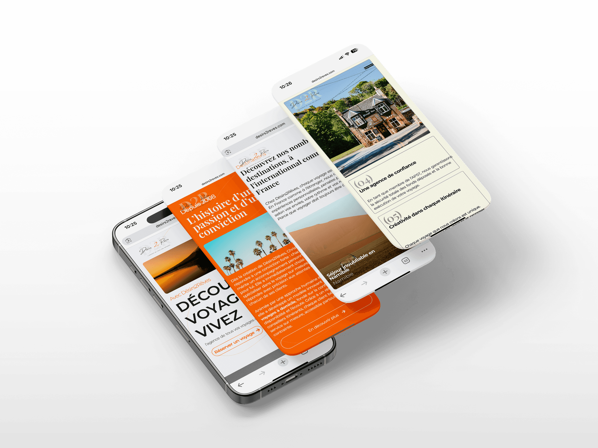 Mockup mobile multi-écrans du site Désirs2Rêves : vue d'ensemble du parcours utilisateur UX/UI, de la page d'accueil au tunnel de conversion.