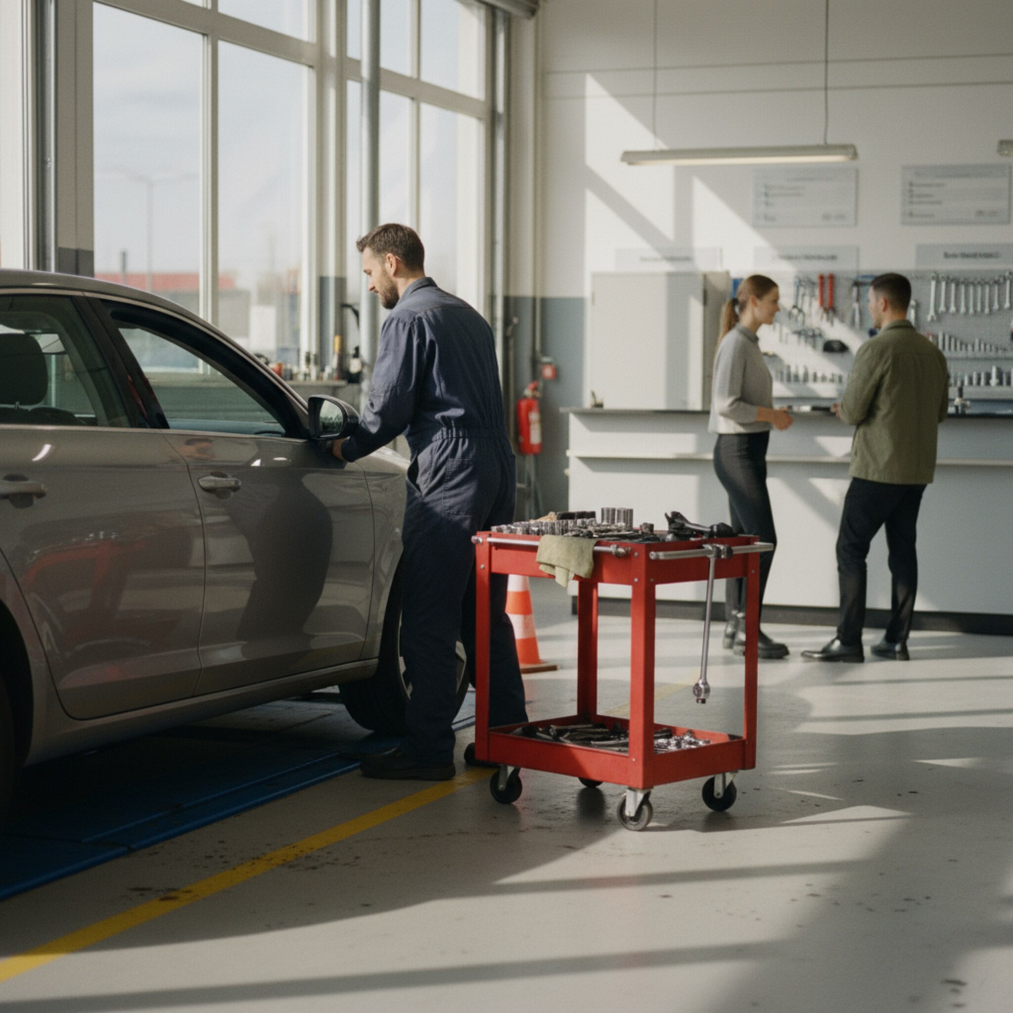 Eine helle Werkstatthalle am Vormittag: Ein Mechaniker lässt eine Hebebühne langsam ab, der Wagen schwebt noch wenige Zentimeter über dem Boden. Neben dem Fahrzeug steht ein Wagen mit Werkzeugen, Lappen und Drehmomentschlüssel. Im Hintergrund spricht eine Serviceberaterin mit einem Kunden am Tresen und nickt bestätigend. Sonnenlicht fällt durch hohe Fenster auf den Betonboden.