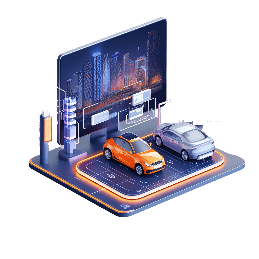  Two electric cars, one electric vehicle charger and one large computer screen with dashboard with analytics for project execution.