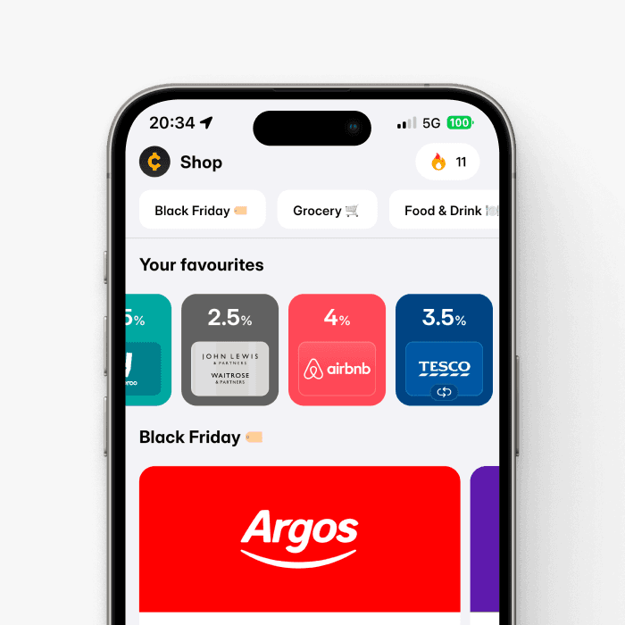 Cheddar app showing cashback rates across different UK retailers