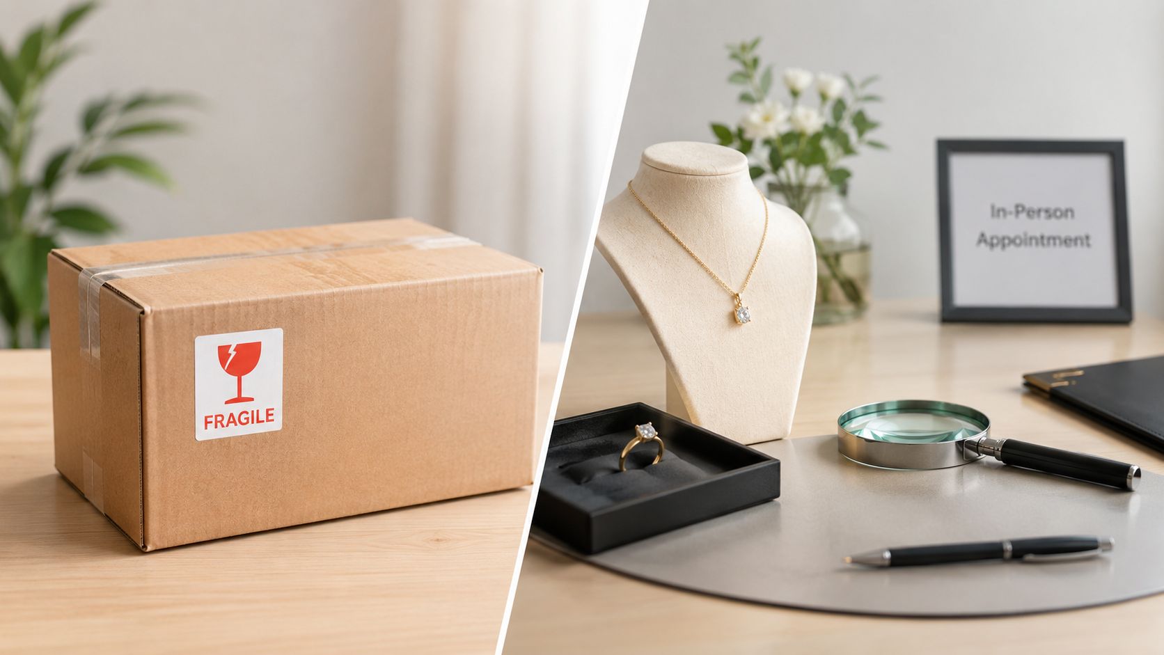 A split screen showing a shipping box on the left and a jewelry appraisal setup on the right.