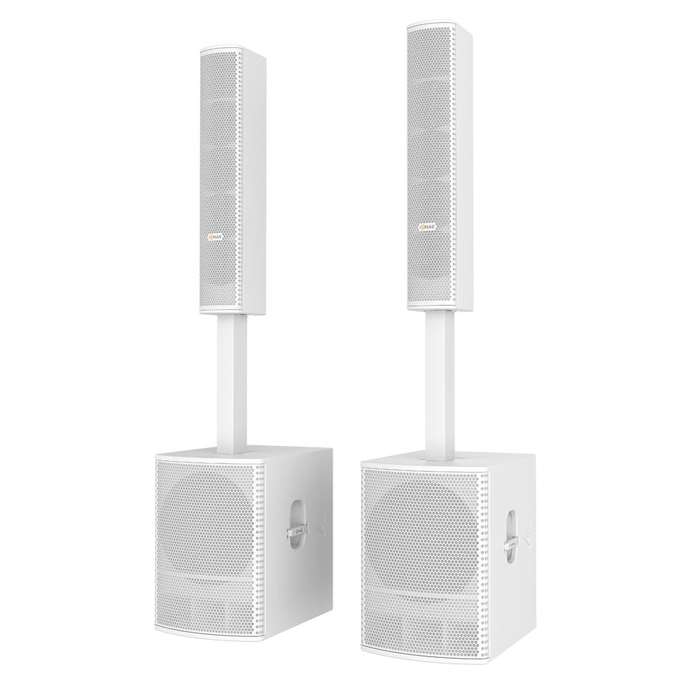 Two white column PA speakers on subwoofers