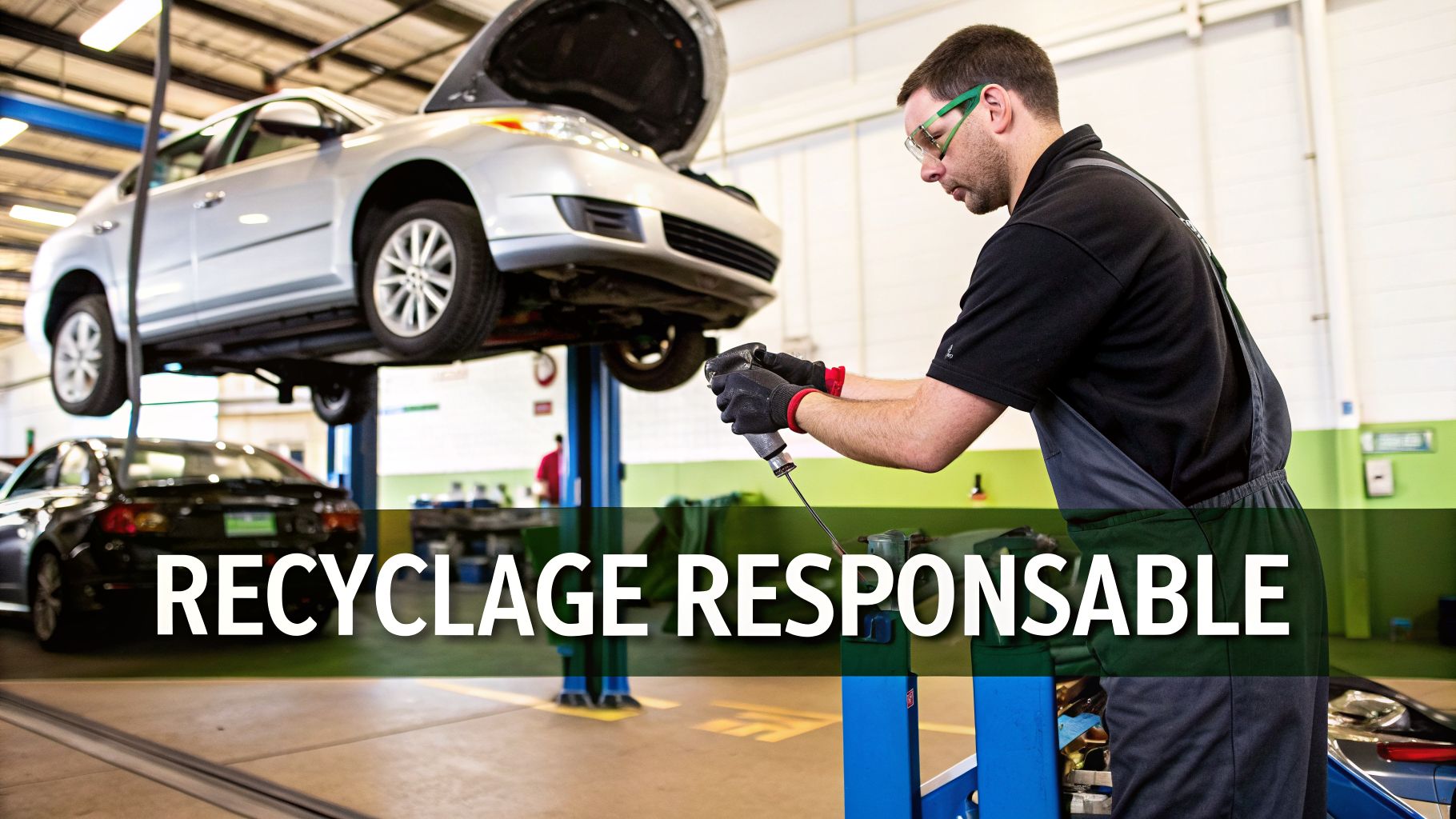 Un mécanicien travaille sur un véhicule dans un garage, avec une voiture soulevée sur un pont. Le texte indique 