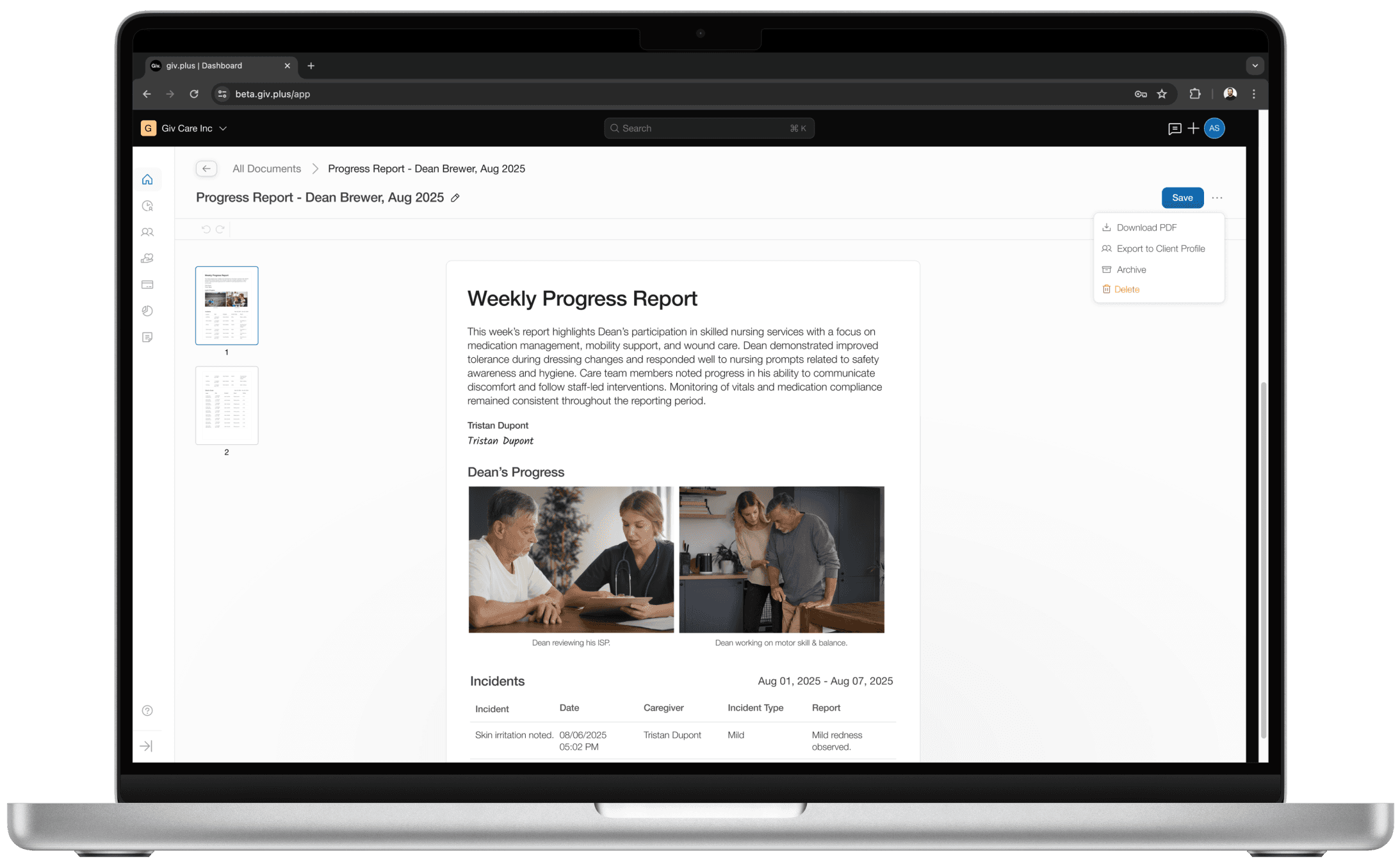 Mental health desktop client information page.