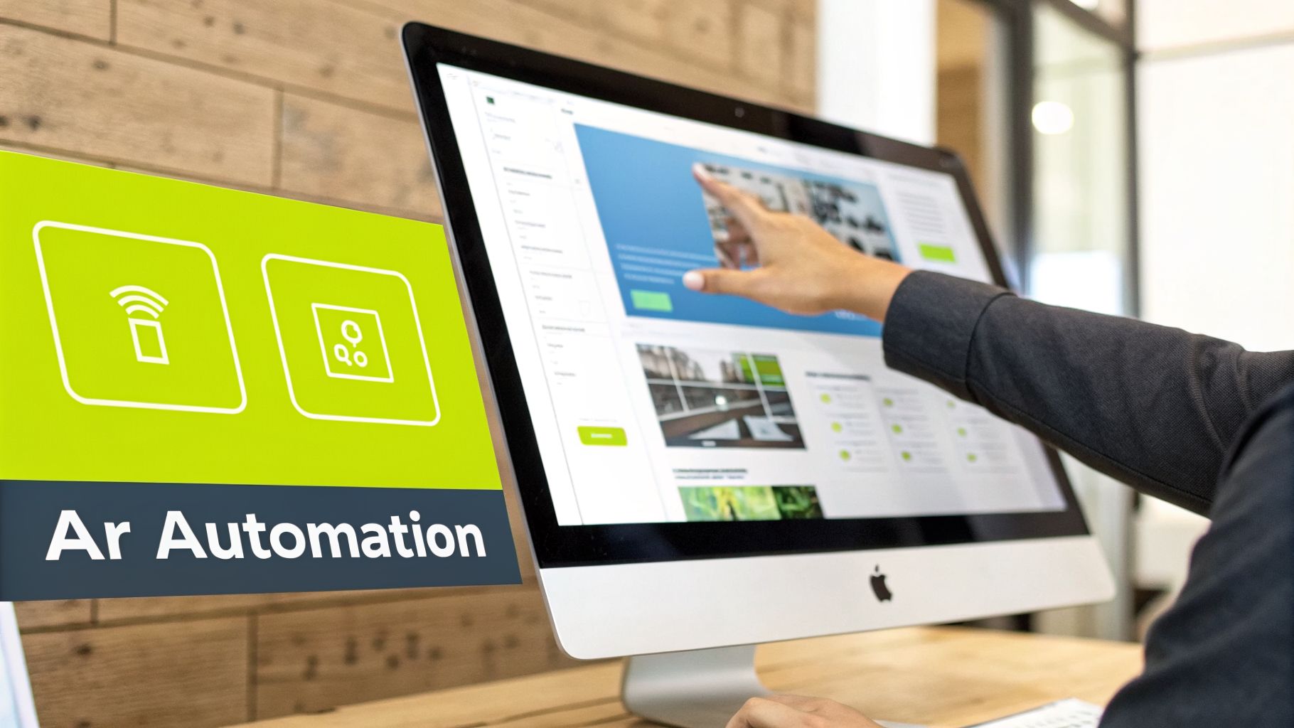 A person's hand interacts with an iMac screen showing a webpage, beside an 'Ar Automation' sign with icons.