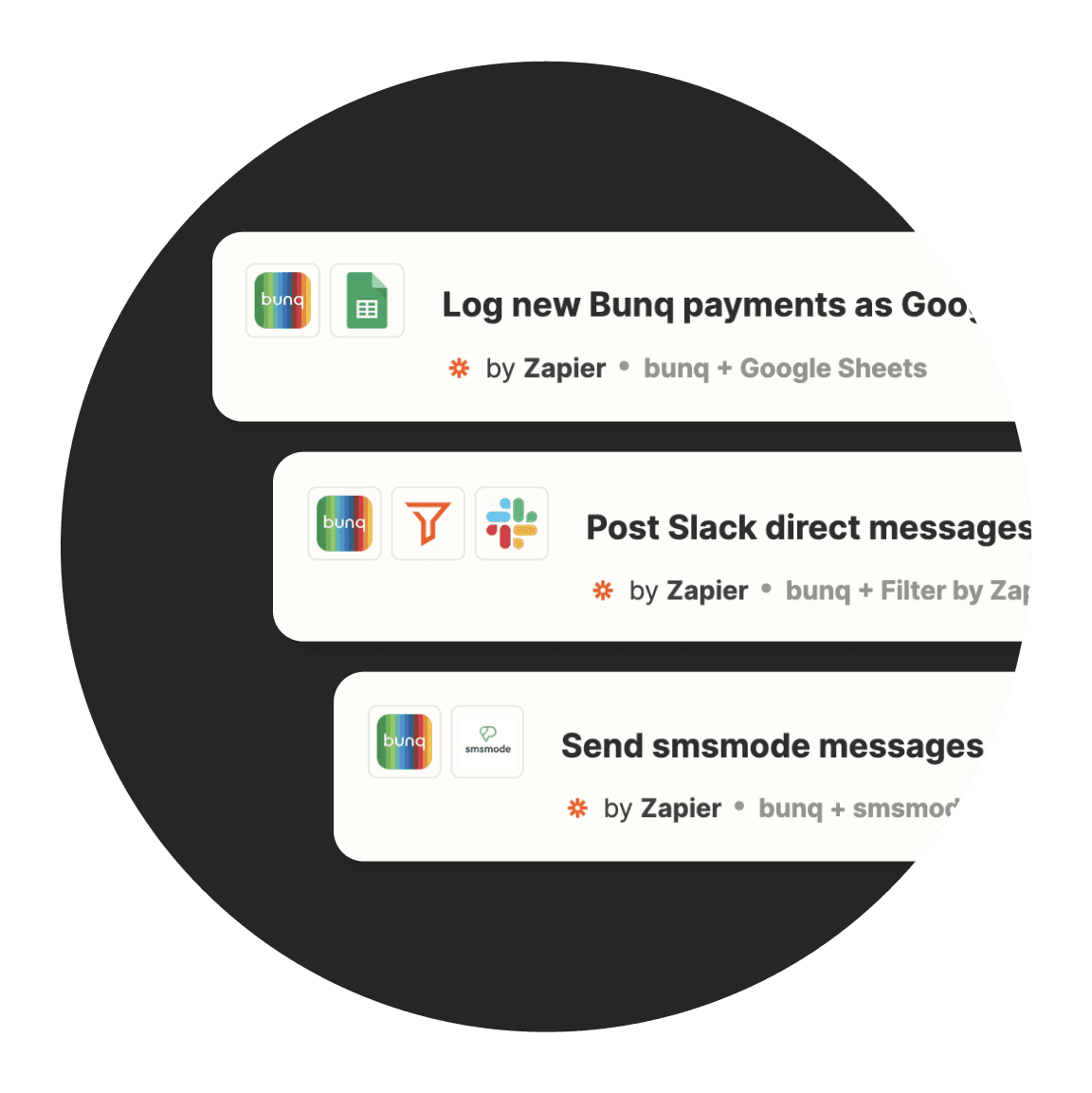 Three conversation threads displayed in a circular format, each with a message and icons next to them.