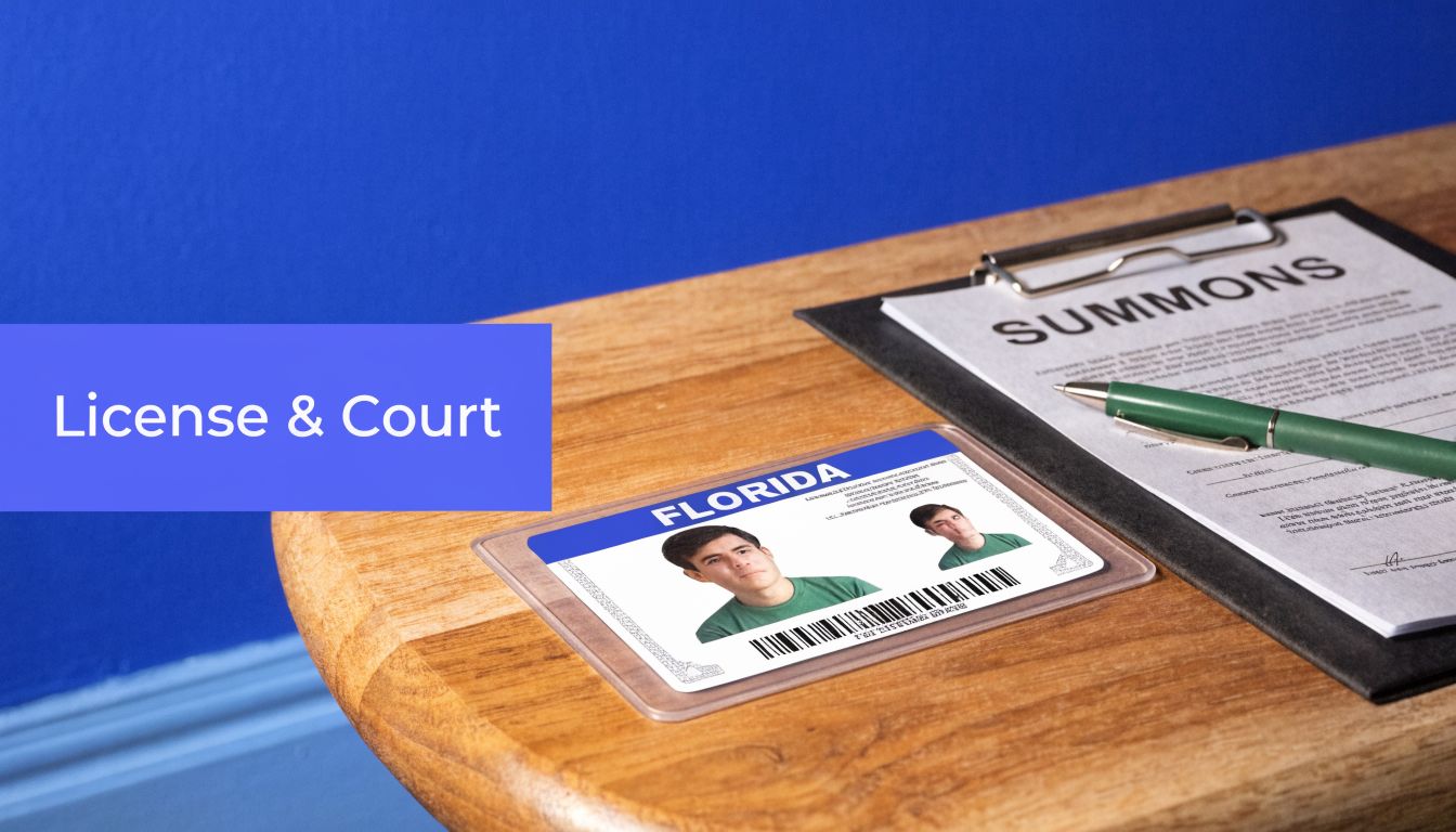 A Florida ID card and a court summons document placed on a wooden table beside a pen.