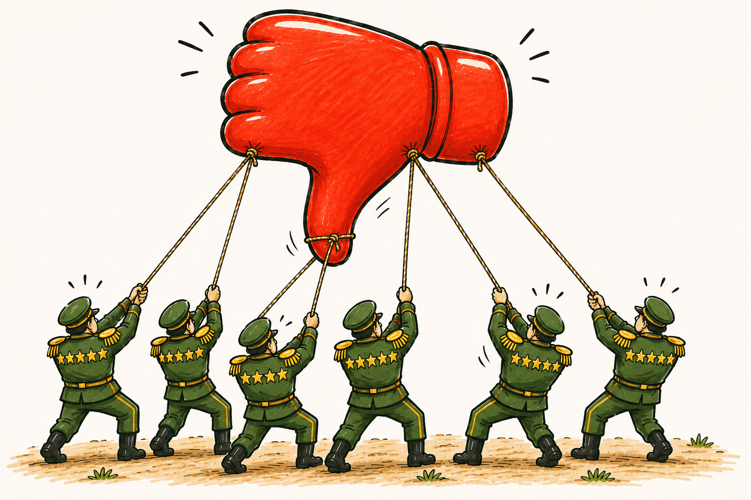 Hand-drawn illustration of six five-star generals pulling ropes to keep a giant thumbs-down balloon from floating away, representing how many positive customer experiences must work together to offset a highly visible negative review.