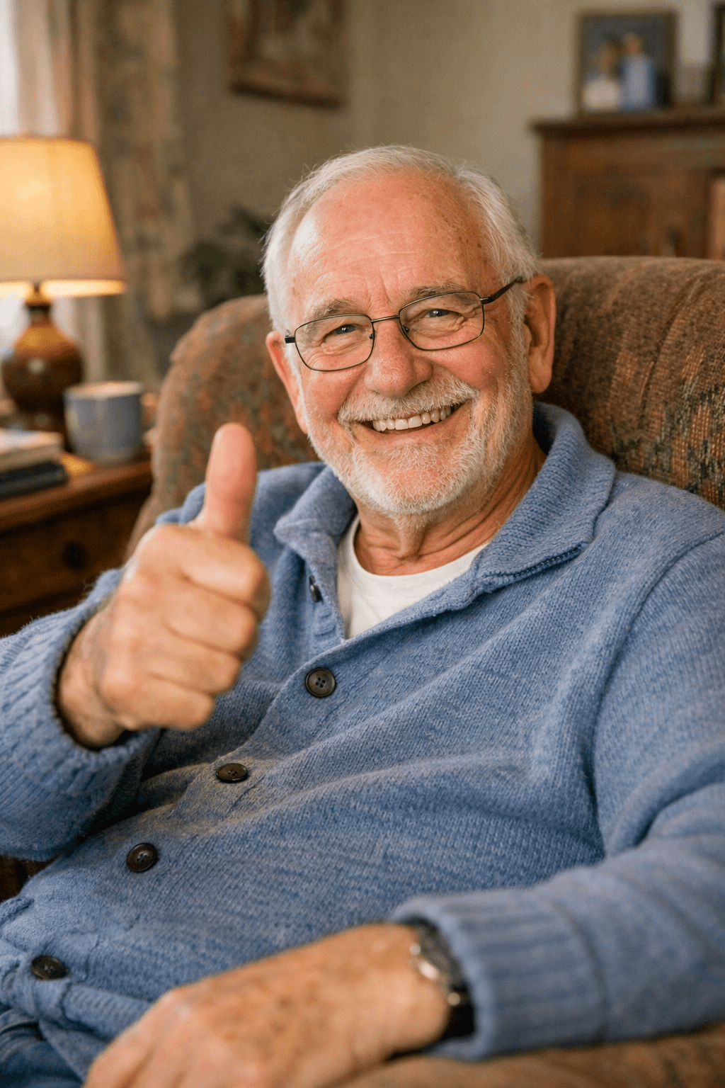 Glücklicher Rentner im Sessel zeigt Daumen hoch. Ratenkredit auch für Senioren mit schneller Auszahlung und fairen Konditionen