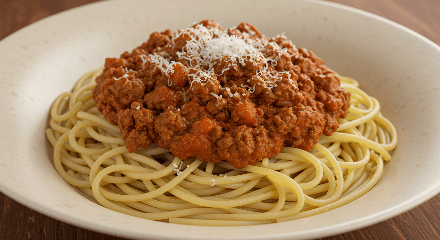 a bowl of pasta noodles with meat sauce sauce