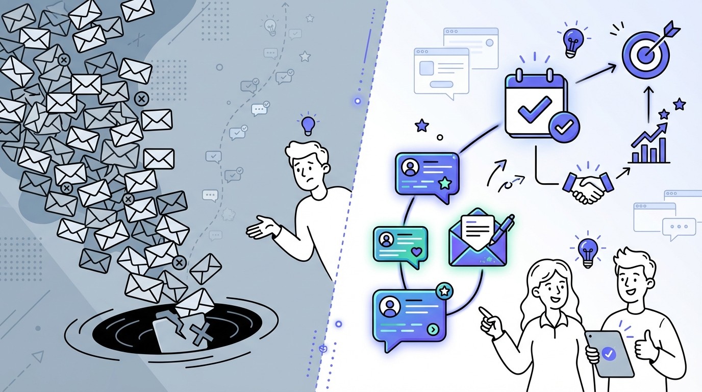 An illustration contrasting ineffective and effective cold outreach. The left side shows a chaotic flood of generic emails with almost no responses. The right side shows a few personalized messages leading directly to positive outcomes like meetings or successful deals.