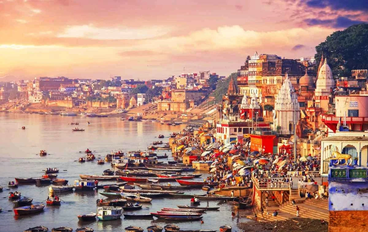 Boats lining Varanasi ghats at sunset