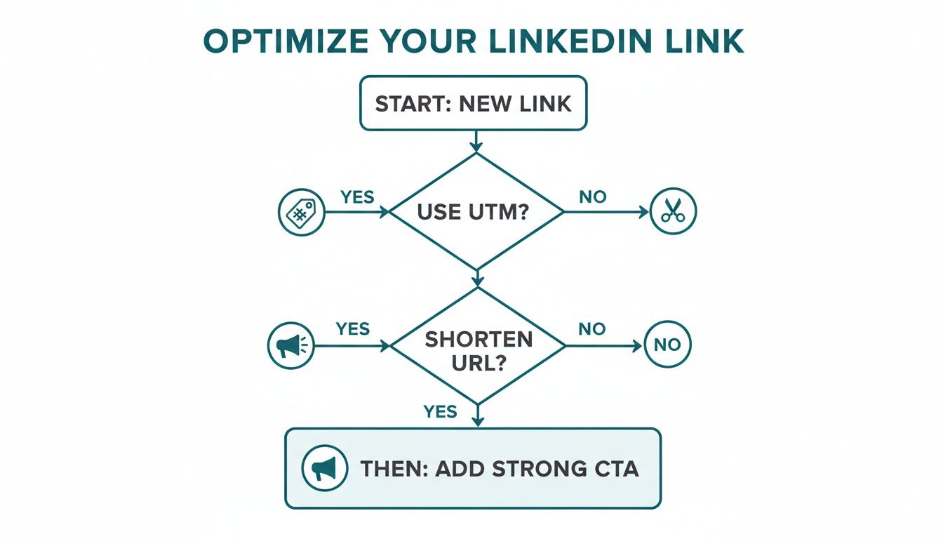 Flowchart showing steps to optimize a LinkedIn link: consider UTM, shorten URL, and add CTA.