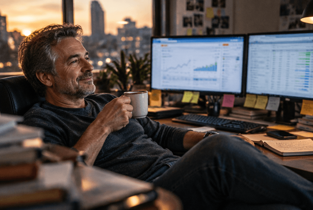 PPC marketer relaxing as automated campaign reports update on a second monitor