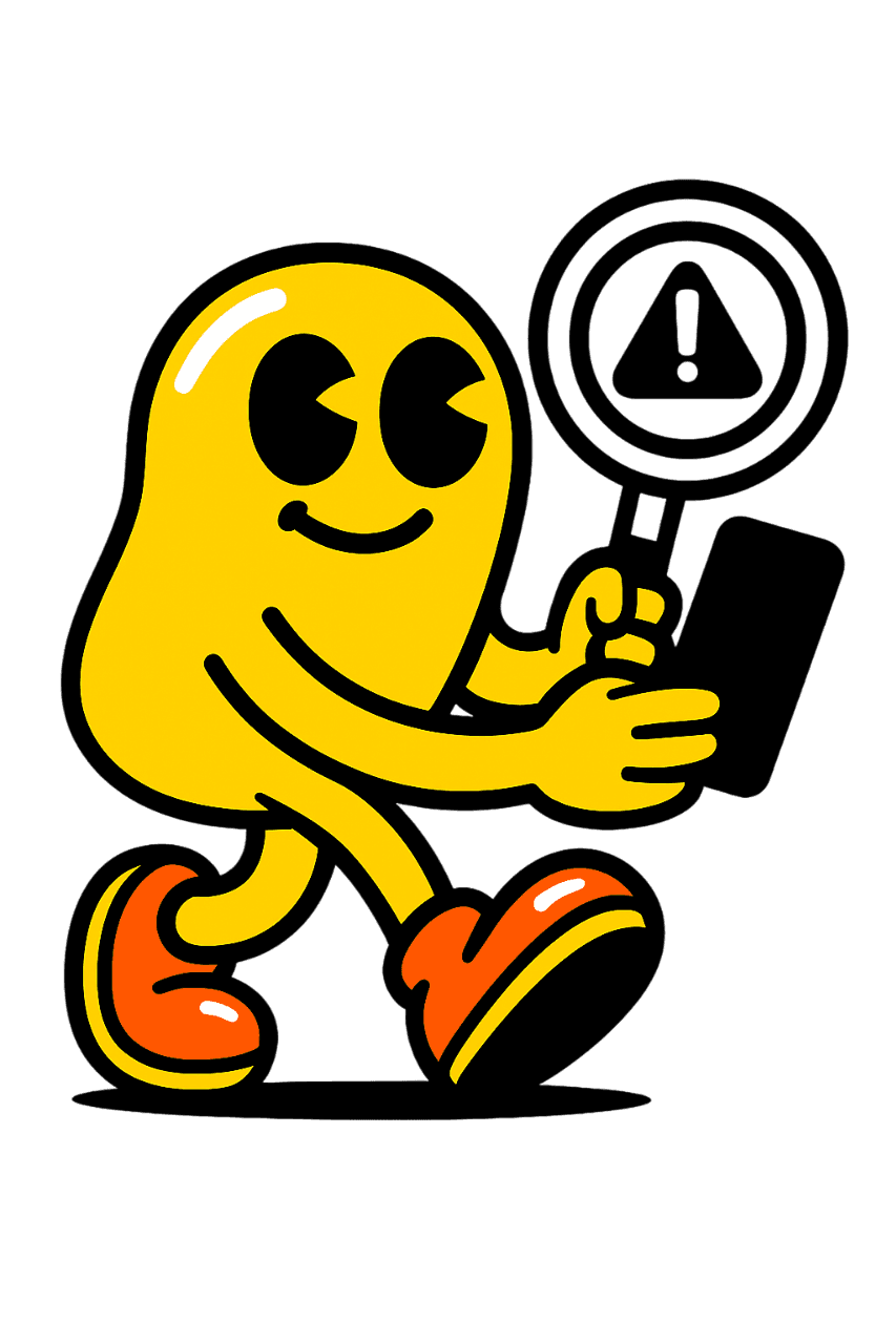 A smiling yellow cartoon character walks while holding a smartphone and a magnifying glass with an alert symbol inside it
