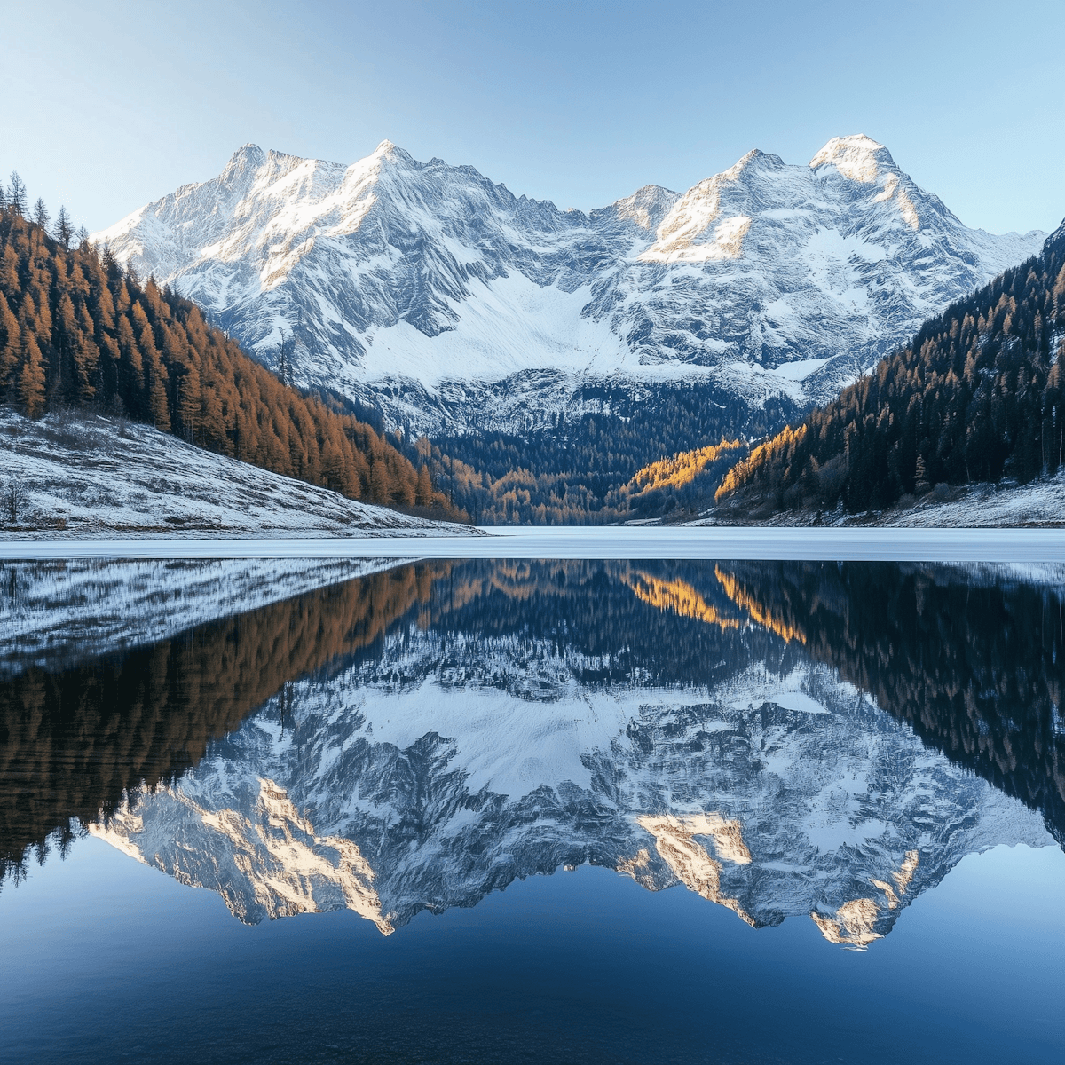 Scenic alpine lake with snow-covered mountains, forested slopes, and clear reflections on still water.