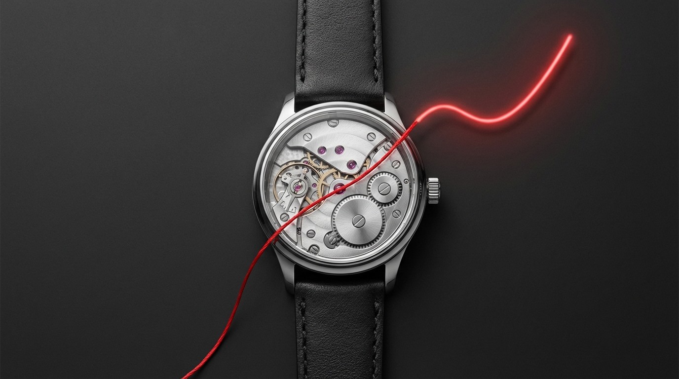 Overhead photograph of a silver mechanical watch on a dark surface. The watch face is cut open exposing jeweled gears. A single red thread emerges from the mechanism and rises diagonally upward, becoming a sharp curve that resembles a rising financial chart — a visual metaphor for downtime cost escalating with time.