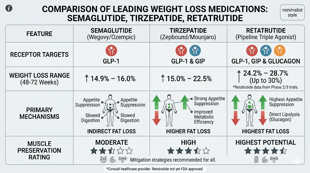 GLP-1 medication comparison chart for muscle preservation showing semaglutide vs tirzepatide vs retatrutide