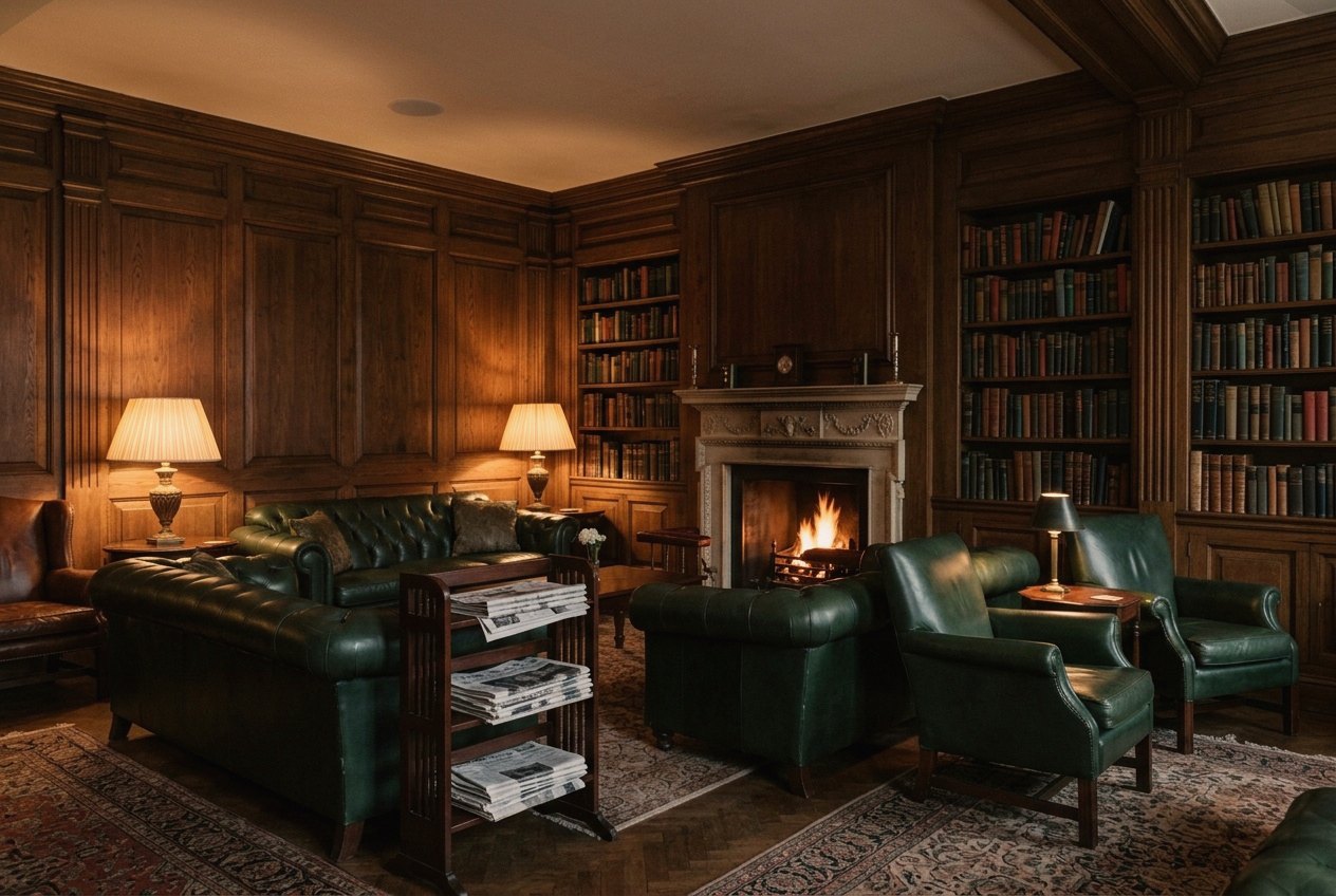 The Reading Room at Thornmere: green leather armchairs by a fire and shelves of books.