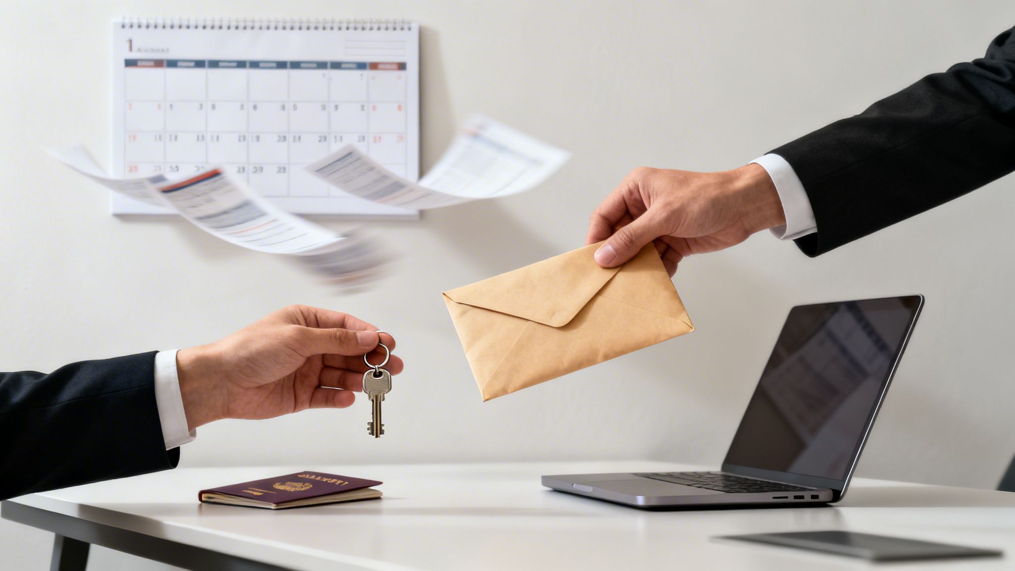 Två händer utför en transaktion med en nyckel och ett kuvert vid ett skrivbord med kalender och laptop.