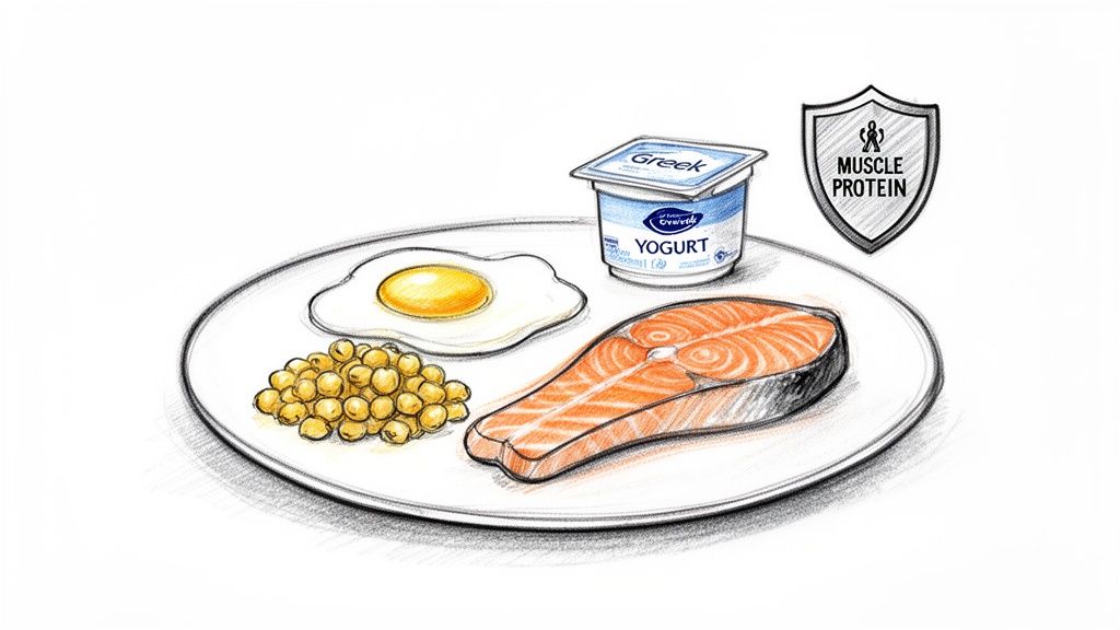 A plate displaying protein-rich foods: a salmon fillet, fried egg, chickpeas, and Greek yogurt, with a muscle protein icon.