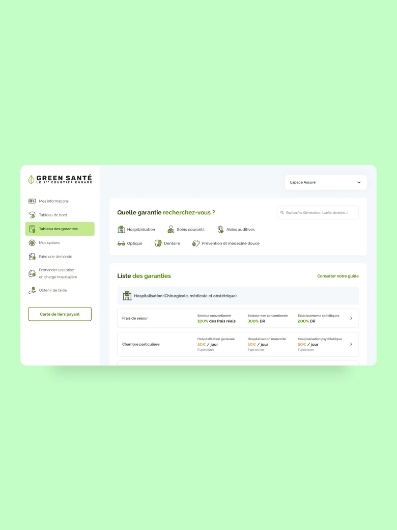 Aperçu de la WebApp Green Santé, le courtage en assurance digital