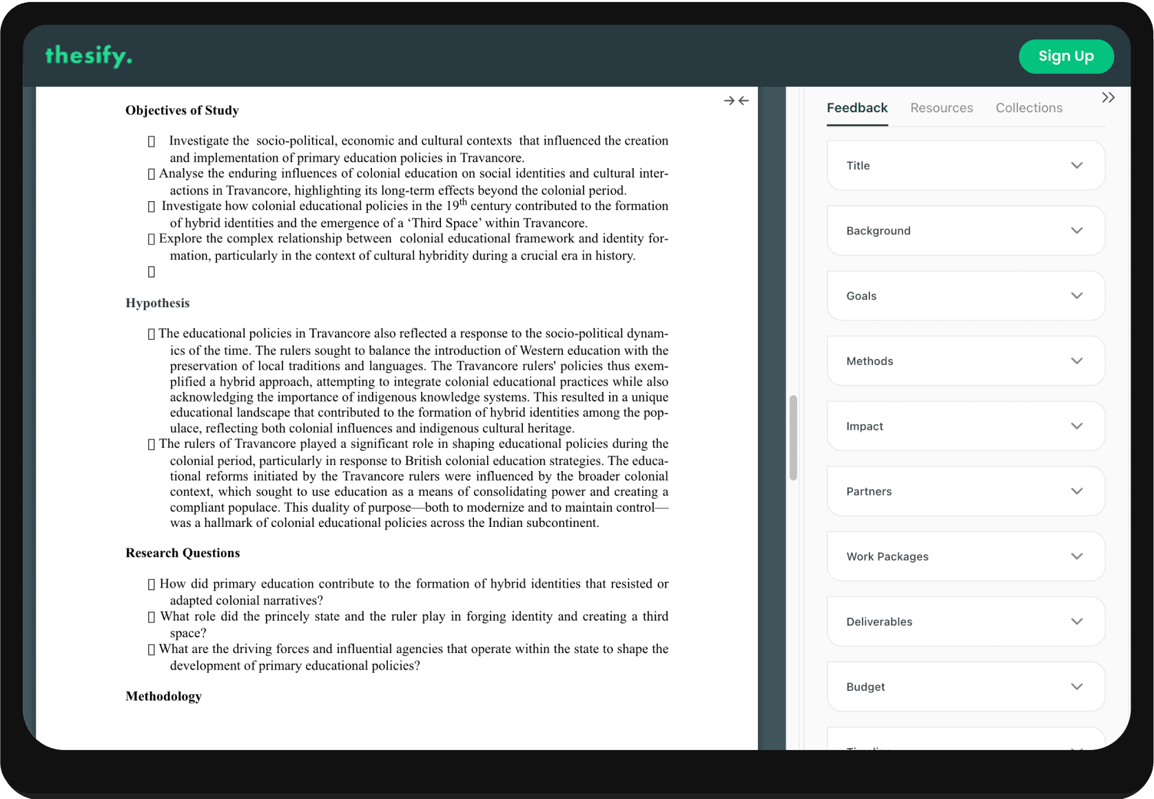 Showcase of thesify's sections of feedback for grants