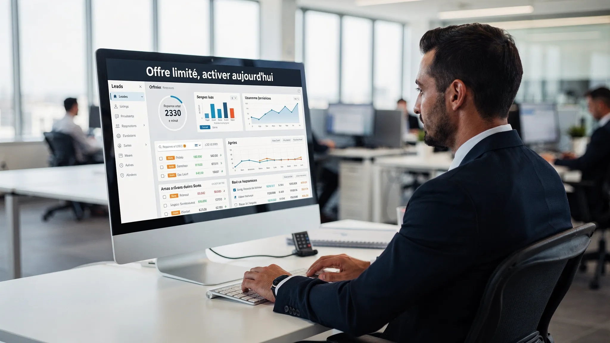 Un responsable commercial regarde un tableau de bord en temps réel affichant des leads entrants, un minuteur indiquant une réponse en moins d’une minute, et une bannière “Offre limitée, activer aujourd’hui” sur un écran d’ordinateur, dans un open space moderne.
