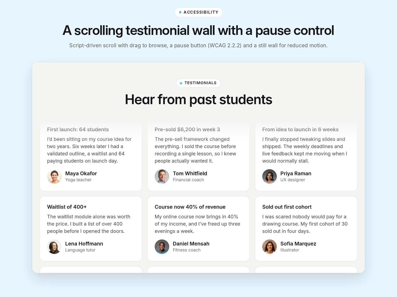 Testimonial wall with student reviews in three columns