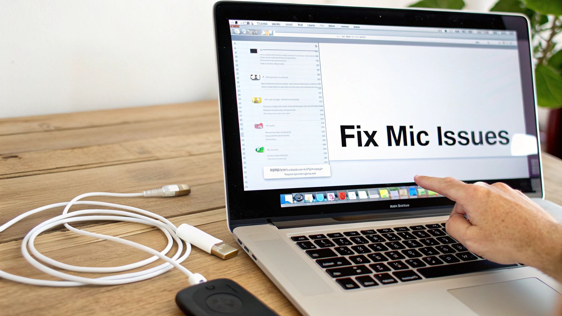 Person using laptop to fix microphone issues for audio recording with cables on desk