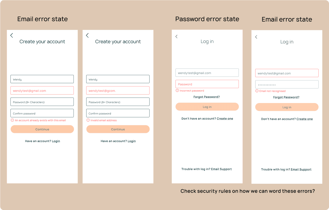wireframes of app sign up flow