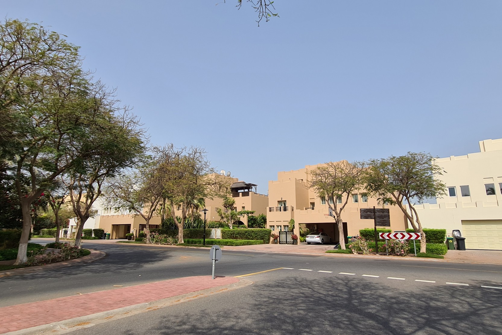 A street lined with trees, featuring buildings in the background, showcasing a serene urban landscape in Hattan 1.