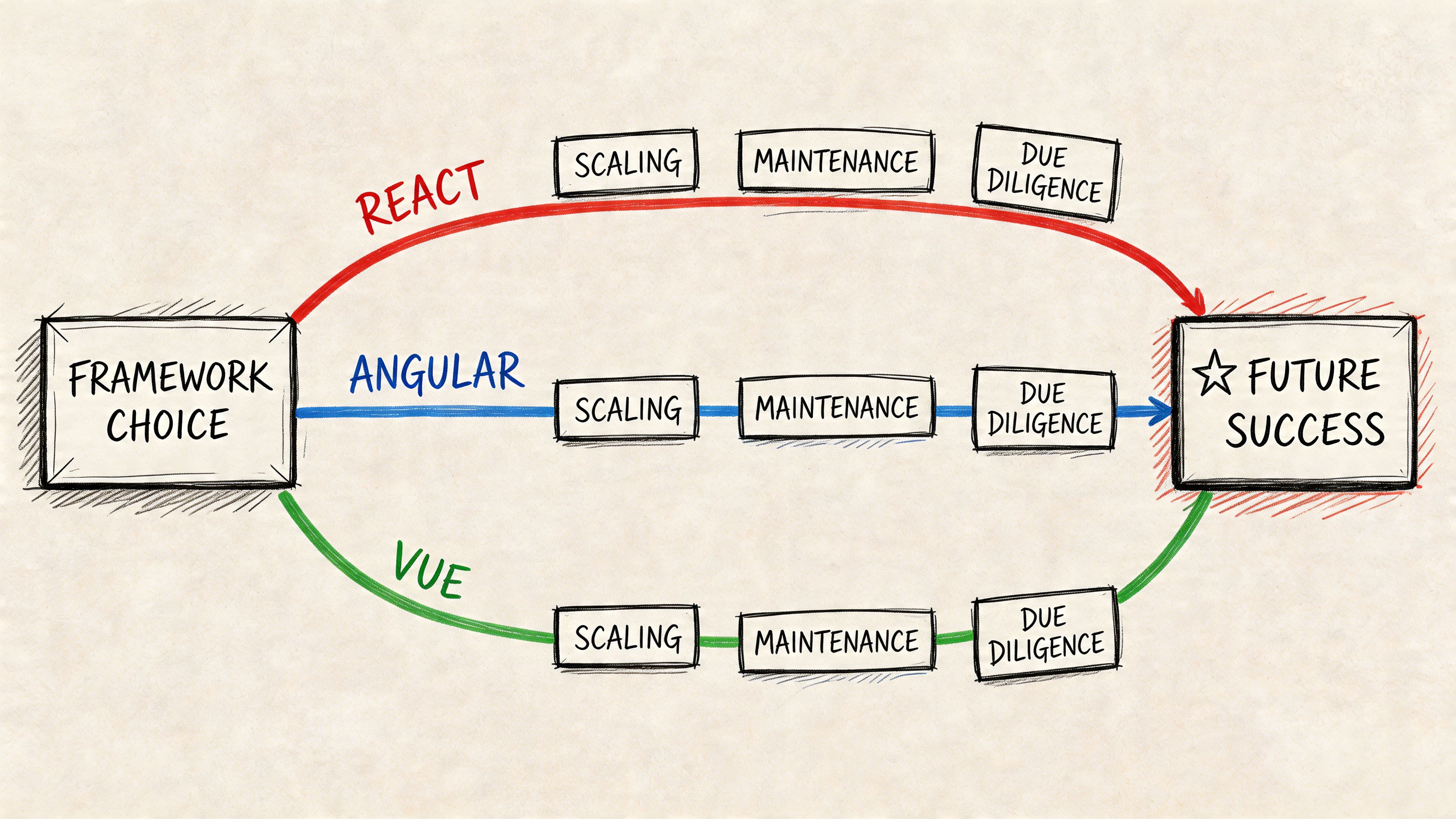 A diagram comparing React, Angular, and Vue as paths to achieving future success through framework choice.