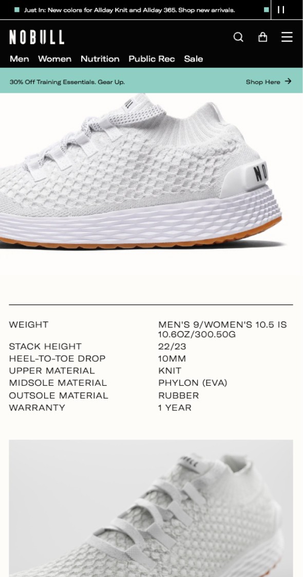 Mobile product detail view with performance specifications and imagery