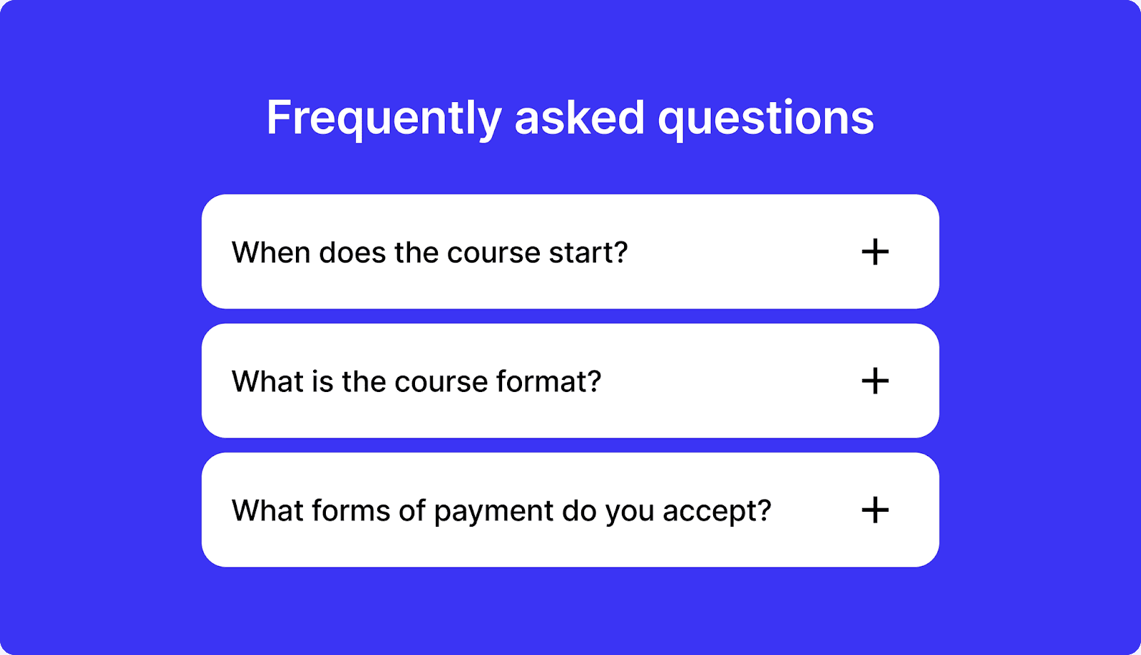 Acordeón de preguntas frecuentes (FAQ) con consultas comunes (fecha de inicio, formato, pagos) que ofrece ayuda y documentación rápida